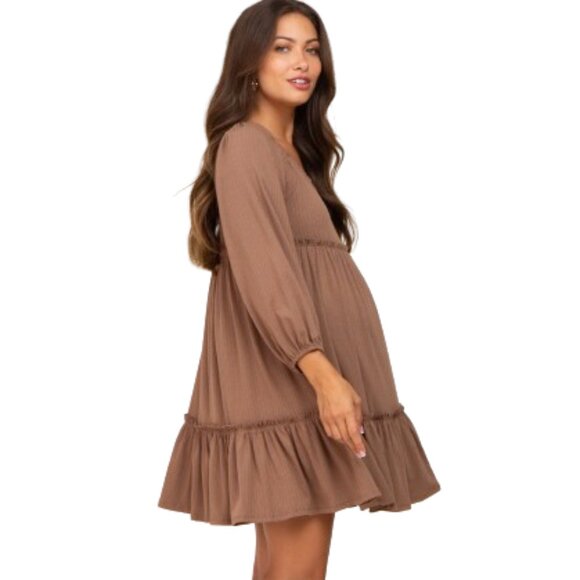 SHE+SKY Mocha Ribbed Tied Back Maternity Mini Dress from Pink Blush - Picture 2 of 12